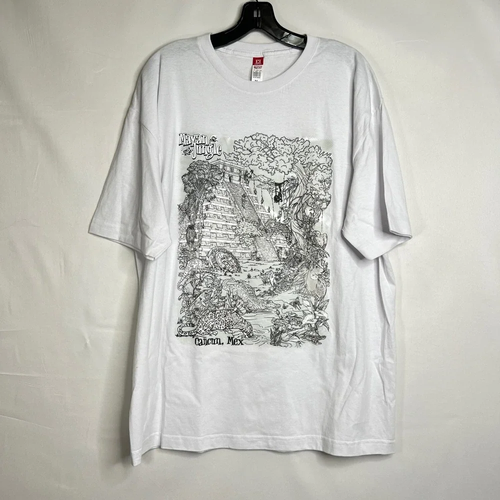 Euro Cotton‎ White Mayan Jungle T-Shirt Mens XL Cancun Mexico Graphic Souvenir